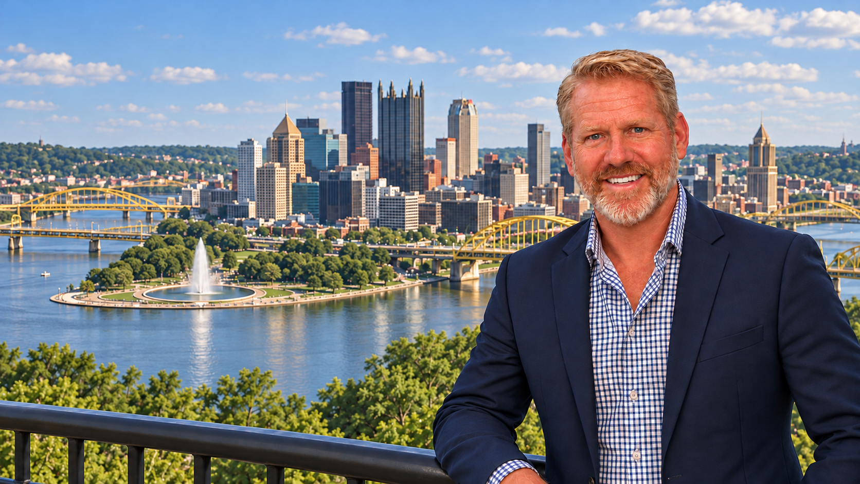 Chris Hayes in a navy blazer with the Pittsburgh skyline behind him